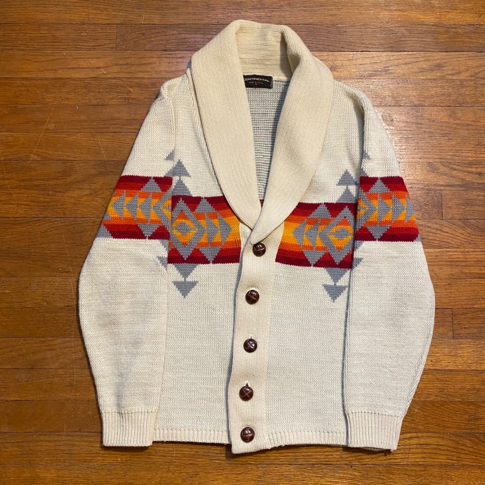 Vintage 70s Continental Southwestern Aztec Shawl Collar Sweater Small USA